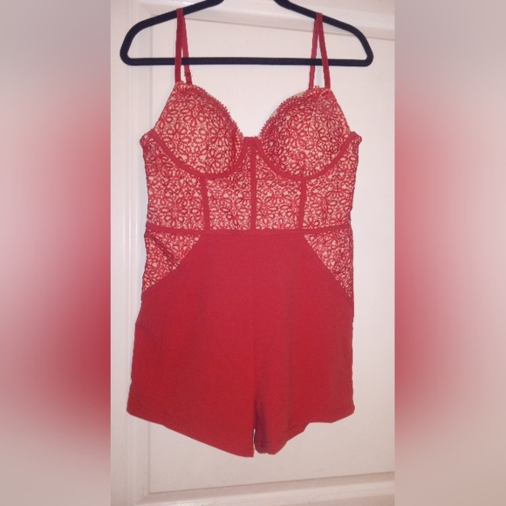 Elegant Reddish Orang Lace Romper Jumpsuit with Sheer Details. Never Worn Size L